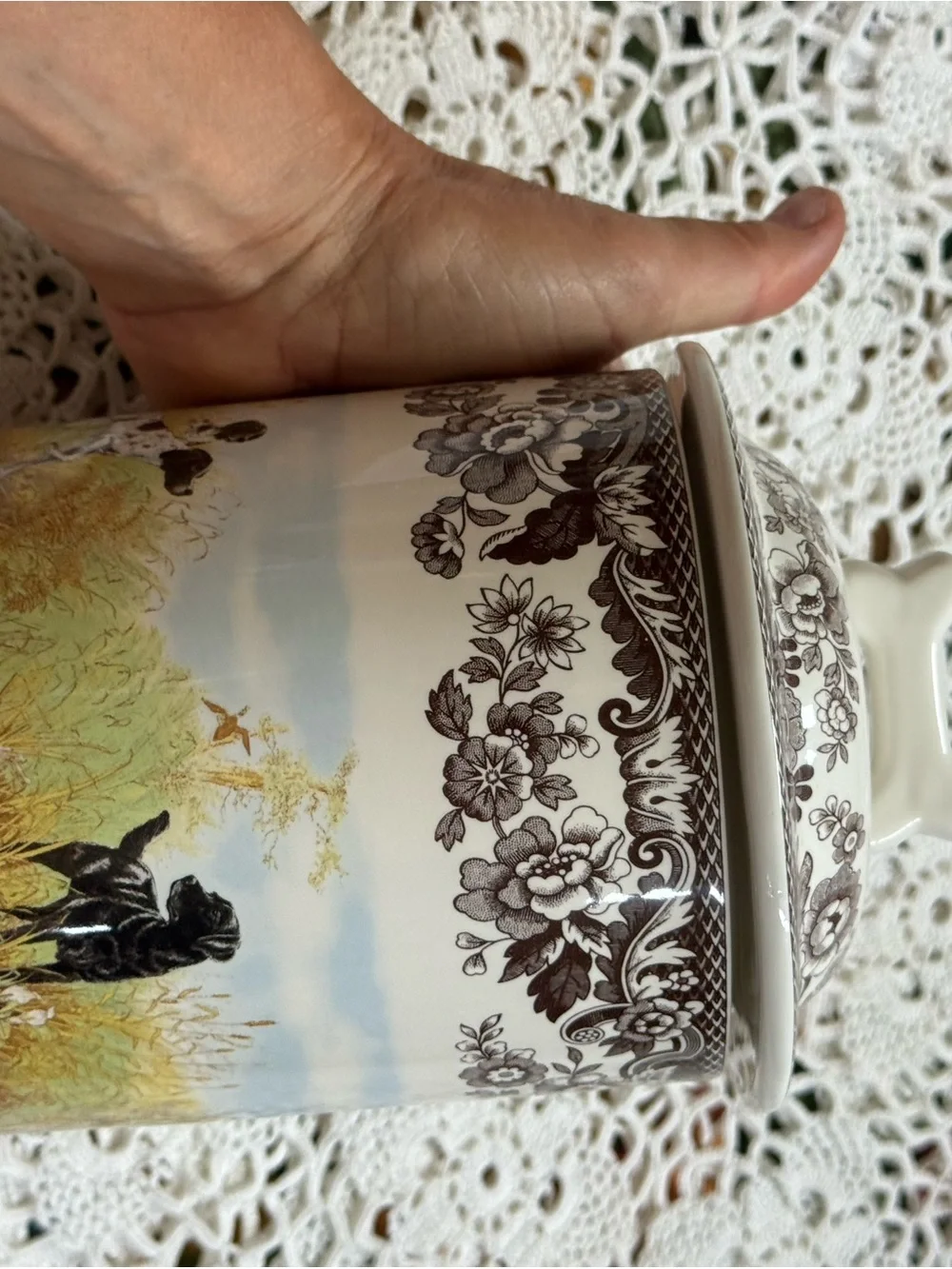 Spode Ceramic Canister with Brown Floral Border and Scenic Dog Motif